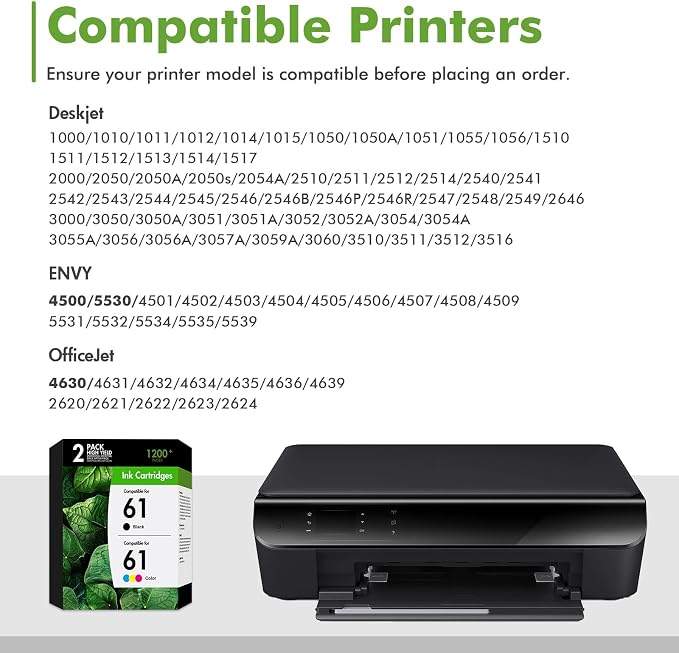 61 61XL Ink Cartridges for HP Printers Envy 4500 Replacement for HP61 Ink 61 Black and Color Combo Pack for Envy 4500 5530 Officejet 4630 4635 Envy 4502 4501 Deskjet 1000 1010 Black/Tricolor 2Pack