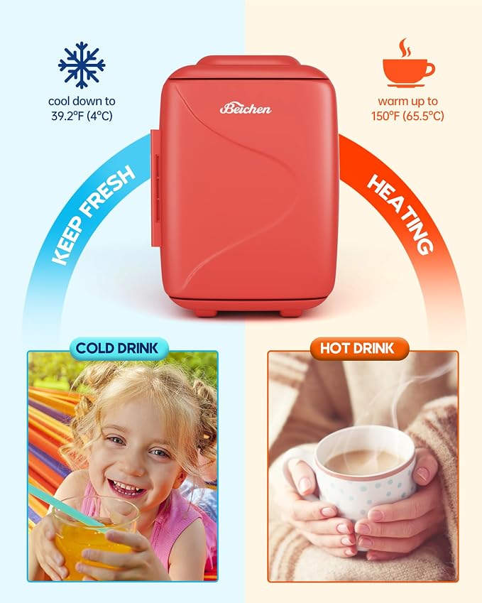 BEICHEN Mini Fridge [Upgrade], Small Fridge Rapid Cooling 4 Liter/6 Cans Skincare Fridge, Cooler and Warmer Refrigerators for Bedroom, Cosmetics, Office and Car (Red)