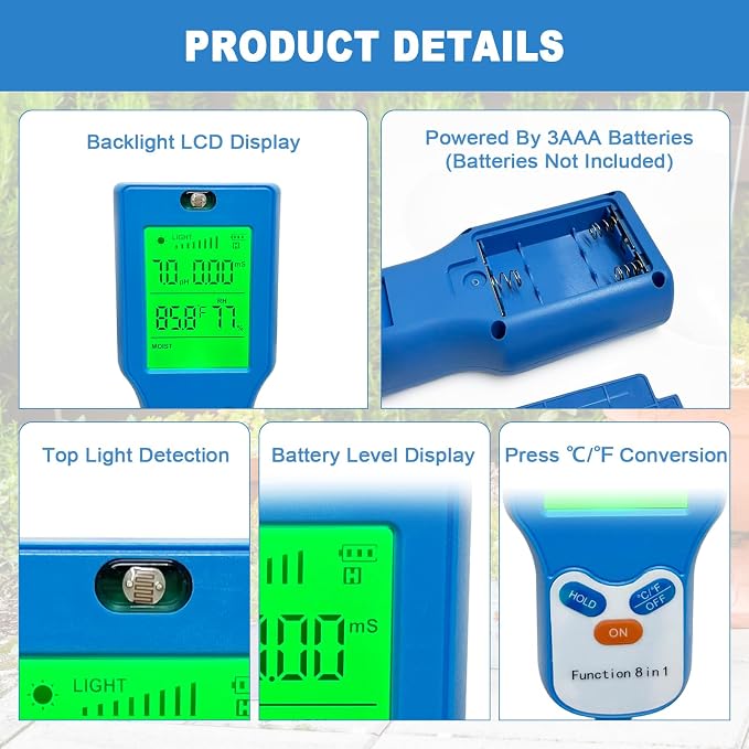 8-in-1 Soil Moisture Meter, Upgraded pH Tester with Backlit LCD, Digital Plant Monitor for Moisture, pH, Fertility, Light, Temp (℃/℉) & Humidity, for Garden, Farm & Indoor