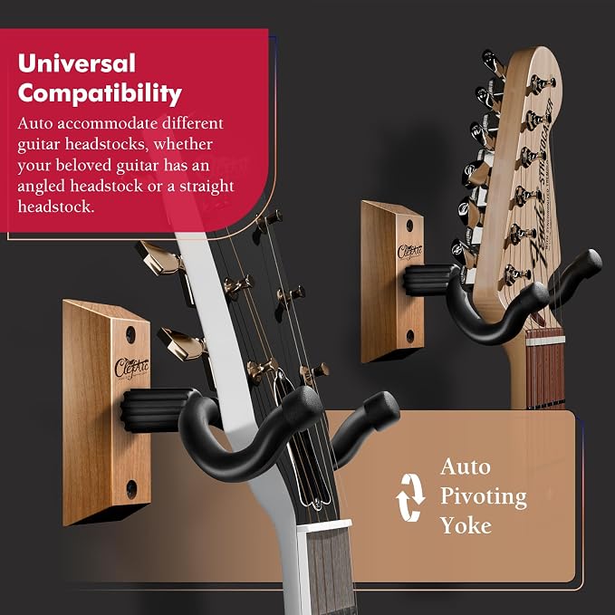 Guitar Wall Mount - Cherry Hardwood Guitar Wall Hangers, Guitar Picks, Pick Holder, Guitar Accessories, U-Shape Hardwood Guitar Hanger, Gifts for Guitarists, with 6 Assorted Guitar Picks