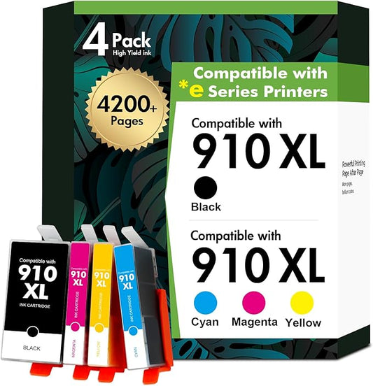 910 910XL 8015e Ink Cartridges for HP Printers OffceJet 8025e Ink 910 XL Black and Color Combo Pack for OfficeJet Pro 8015e 8025e 8020 8028e 8035e 8010 8034e 8020e 8025 8030 8028 8035 (4 Pack)