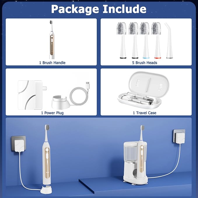 Electric Toothbrush with Water Flosser Combo, 3-in-1 Sonic Flossing Toothbrush and Dental Water Flosser for Teeth Adult Cleaning with 4 Heads, Sensitive, Gum Care, Braces, 500ML-White