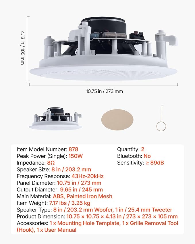 VEVOR in Ceiling Speakers, 8", in-Ceiling & in-Wall Speaker System, Hi-Fi Sound, 150W Peak, 2-Way Flush Mount Speakers, for Damp Humid Placement, Home Theater, Living Room, or Covered Patio, 1 Pair