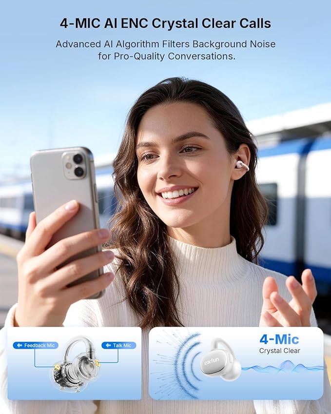 EarFun Clip 2 Open Ear Earbuds, Clip On Headphones, LDAC, Hi-Res Audio, 12mm Titanium Driver, 4 Mics AI Clear Call, AI Translation Earbuds, Secure Fit, 40H Playtime, Bluetooth 6.0 for Running, White