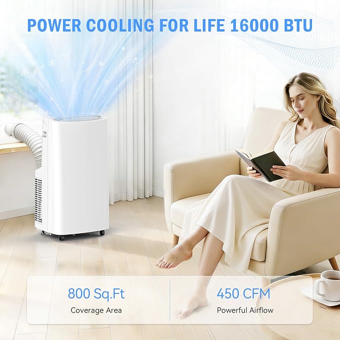 16,000 BTU Portable Air Conditioner, 3-in-1 AC Unit Cools/Dehumidifies/Fan, Wi-Fi Smart for Room Up to 800 Sq.Ft, Remote Control, 360° Wheels for Bedroom Large Room