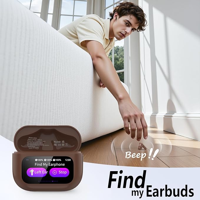 Thunelec Wireless Earbuds with Touch Screen, 2026 New Bluetooth 5.4 Headphones with ANC/ENC Mic, 50H HiFi Stereo Ear Buds with 5 EQ Modes, Transparency Mode, IPX7 Earphones for Running, Brown