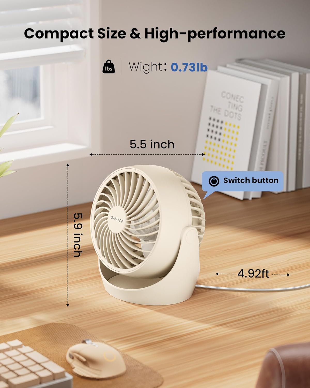 Gaiatop Desk Fan, 5-Inch Portable Electric Table Desktop Air Circulator Fans, Small but Powerful with 3 Speed 360° Adjustable Tilt for Cooling Home Dorm Office Bedroom Bathroom Kitchen, Beige