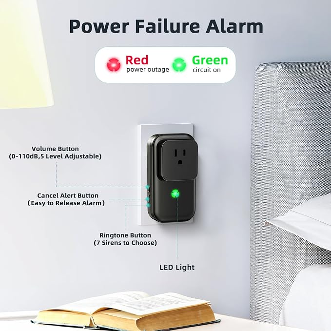 Power Failure Alarm, Freezer Power Outage Alarm 7 Sirens, Freezer Alarm with 0-110dB Adjustable LED Indicator 12H Alert, Power Loss Alarm Monitor for Refrigerator, Sump Pumps, Aquarium