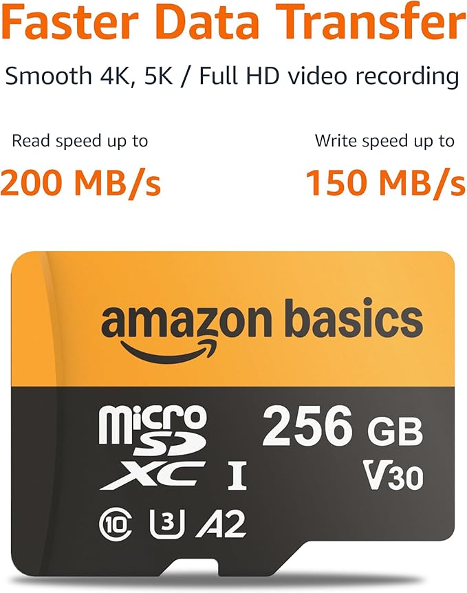 Amazon Basics 256GB microSDXC Memory Card with Adapter for Action Cameras, Full HD, Drones, Tablets, Smartphones, Read Speed Up to 200MB/s, 1-Pack