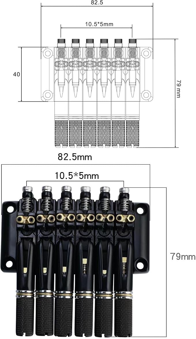 10.5mm Headless Electric Guitar Bridge All-Black Headless Bass Guitar Bridge Brass Saddles Zinc Alloy Plate Electric Guitar Bridge 6 String Headless Guitar Fixed Bridge