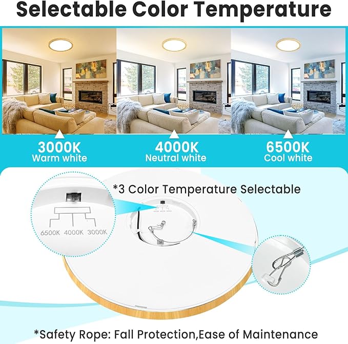 libtit 12Inch 28W Wood LED Flush Mount Ceiling Light, 3200lm Brightness, Adjustable 3000K-6500K Color Temp | Round Lamp for Bathroom/Shower/Hallway/Kitchen, 1 Pack
