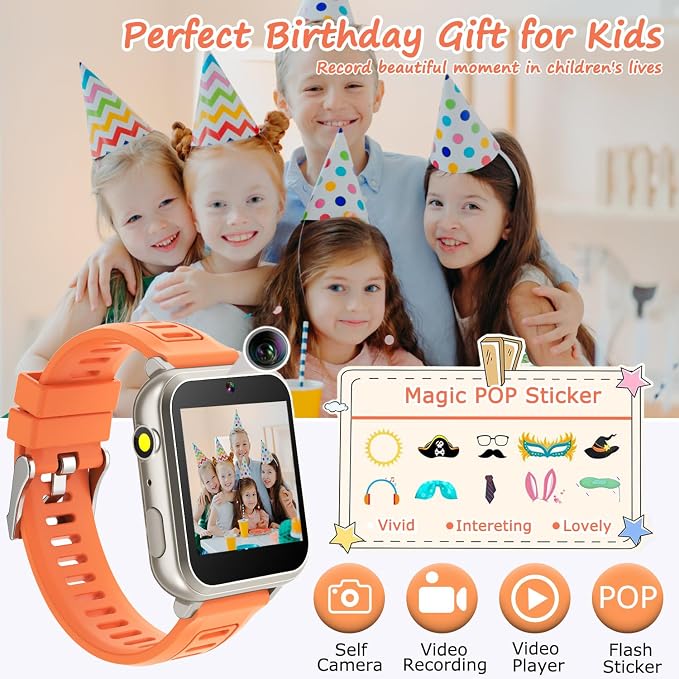 Wiszodet Kids Smart Game Watch with 24 Games HD Touch Screen Video Camera Music Player Pedometer Flashlight Alarm Clock 12/24 hr, Gifts for 5-12 Year Olds Boys Orange