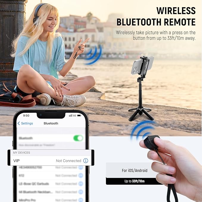 NEEWER Selfie Stick with Detachable Bluetooth Remote Shutter, Lightweight Foldable Travel Tripod for iPhone for YouTube/TikTok Vlogs Live Streaming Photography, Black, P15