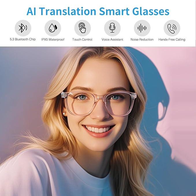 AI Glasses for Women Men, Smart Glasses with Real-Time Translation, Open Ear Blue Light Filtering Lenses, Supports 160+ Languages & Accents, Bluetooth Glasses for Travel Meeting Trade Business