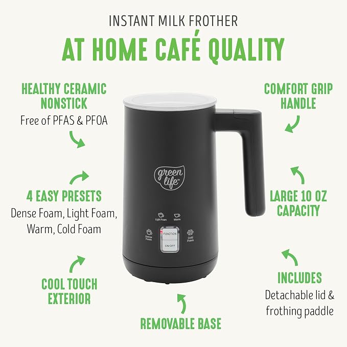 GreenLife Ceramic Electric Milk Frother, 10oz, 4-in-1, Auto Hot and Cold Foam, Dense and Light Foam, PFAS Free, Cordless Milk Warmer and Steamer for Latte, Coffee, Black