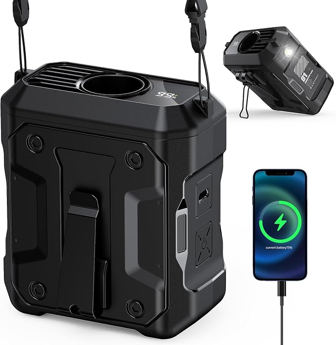 ASNUG Portable Waist Fan Rechargeable, 10000mAh Battery Powered & 45H Runtime, 10-Speed Personal Fan w/Lanyard, Flash Light, LED Display, Clip on Wearable Belt for Jogging Hiking Jobsite Warehouse