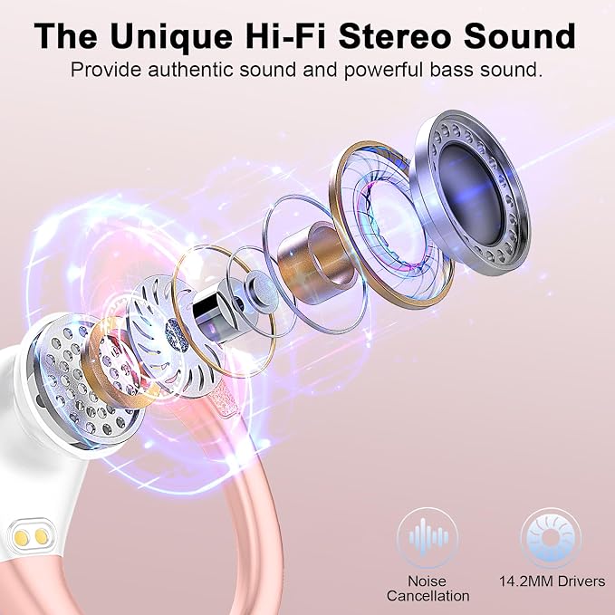 Wireless Earbuds, 75hrs Bluetooth 5.4 Headphone Sport, 2026 Bluetooth Earbuds Deep Bass Over Ear Buds with Earhooks, ENC Noise Cancelling Earphone Mic, IP7 Waterproof for Workout/Running/Gym Rose