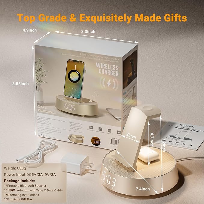 Alarm Clock with Wireless Charging Station, Clock for Bedroom with Night Light Bluetooth Speaker, Wireless Charger Dock Station for iPhone 17 16 15 14 13 12 Pro Max, Apple Watch 11, AirPods 3 (Beige)