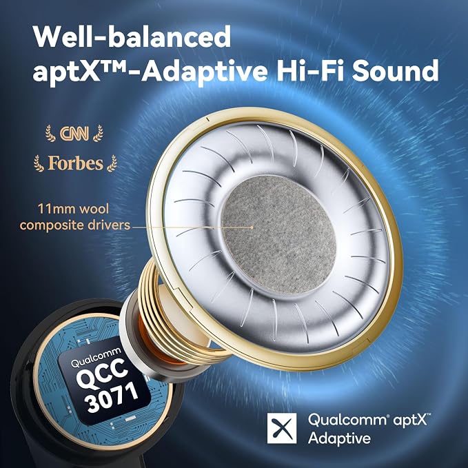 EarFun Air Pro 3 Noise Cancelling Earbuds, Qualcomm® aptX™ Adaptive Sound, 6 Mics CVC 8.0 ENC, Bluetooth 5.3 Earbuds, Multipoint Connection, 45H Playtime, App Customize EQ, Wireless Charging