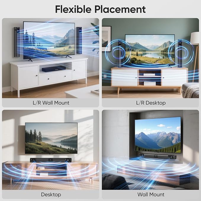 Sound Bar for Smart TV, 80W Surround Sound System, 2-in-1 Detachable Design, 2.0 Channel Soundbar, Dual Woofers & Dual Silk Horn Tweeters, Bluetooth5.3 ARC AUX Optical Home Theater Speaker