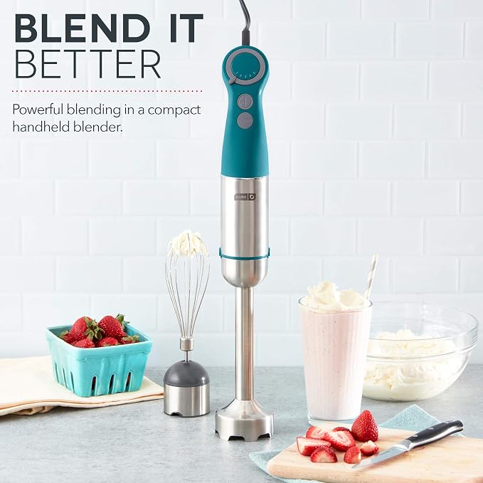 Dash Chef Series Immersion Hand Blender, 5 Speed, 330W Handheld Stick Blender with Whisk Attachment, Stainless Steel Blades for Soups, Sauces, Smoothies & Purées - Teal