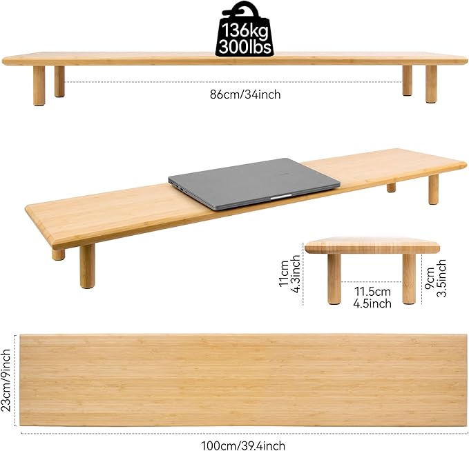 Bamboo Dual Monitor Stand Riser with Underneath Storage, Ergonomic Desk Shelf Supports PC Computer Monitor, Printer, TV for Home, Office, Natural