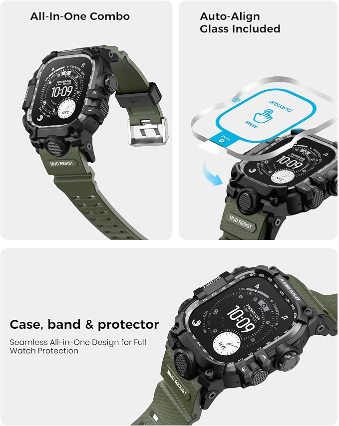 amBand Rugged Case with Band for Apple Watch Ultra 3/2/1 49mm, M3 Military Grade Shockproof Cover, Includes Screen Protector Kit, Tactical Band for Men - Compatible with iWatch Ultra, Army Green