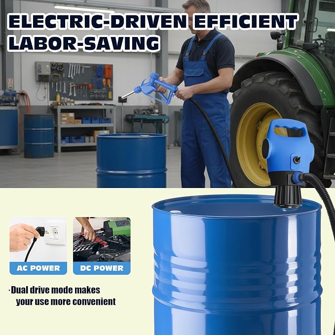 Electric Drum Pump, 55 Gallon AC/DC Drum Transfer Pump with Adjustable Suction Tube, Portable Electric Barrel Transfer System for Oil, Diesel, DEF, Water, Automotive & Industrial Use