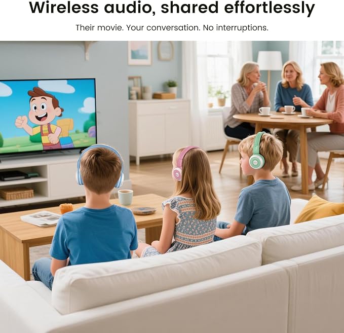 SIMOLIO Manyshare Series- Wireless Audio Sharing Kids Headphones for Group Listening, Compatible w/Any Single Bluetooth Device for Family/School/Travel, Movies/Music, AuraCast-Enabled, Built-in Mic