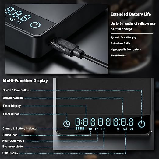 Mini Coffee Scale with Auto Timer, Rechargeable Espresso Scale 2kg/0.1g High Precision, Auto Timer & Gravity Sensing, Digital Kitchen Scale for Pour-Over Coffee, Portable with USB-C (Black)