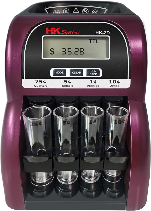 HK SYSTEMS HK-2D, Digital USD Coin Counter and Sorter with LCD Display, Sorts 260 Coins Per Minute into Coin Wrappers, 2 Row Coin Wrapper Tubes Included