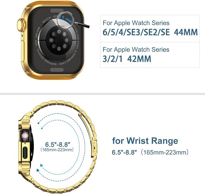 MioHHR Stainless Steel Watch Band with Case Compatible with Apple Watch Series 6 5 4 SE3/2/1(44mm) Series 3/2/1(42mm),Rugged Strap with Metal Protective Bumper Cover for iWatch Band Men(Gold)