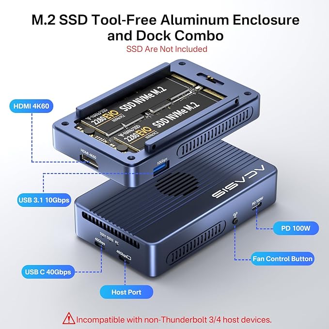 ACASIS 40Gbps M.2 NVMe SSD Enclosure, Cooling Fan, Compatible with Thunderbolt 4/3/USB4, Tool-Free, Aluminum Dock Dual Monitor, Support Software RAID, 2 USBC 40Gbps for M1/M2/Windows
