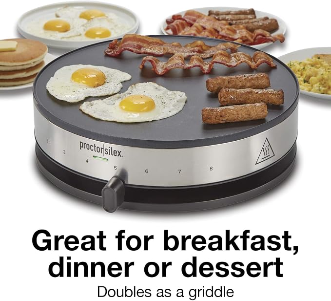 Proctor Silex Electric Crepe Maker with 13” PFAS-Free Nonstick Griddle for Eggs, Pancakes, Omelets and Quesadillas, with Temperature Control, Spatula, Spreader, Batter Cup, Stainless Steel (38400MN)