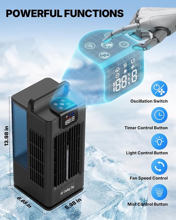 Mini Portable Air Conditioner Cooler: 2000ml Air Cooling Fan with 120°Oscillating - 3 Mist Modes & 4 Speeds, RGB Night Light, 1-8H Timer Remote Control - for Bedroom, Room, Desk