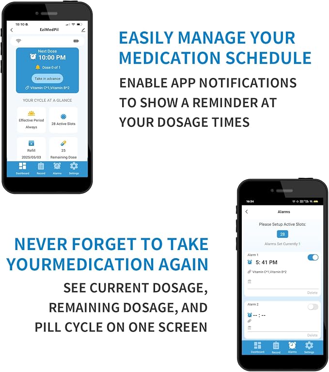 JULOS Smart WiFi Automatic Pill Dispenser w/Sound/Light Alerts for Seniors, Mobile App Remote Monitoring, 28-Day Medication Organizer, Up to 9 Alarms/Day, Lock Key for Supplements & More, Clear Lid