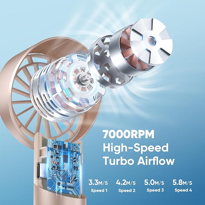 AMACOOL Portable Handheld Turbo Fan, 4 Speeds Wind with Cool Metal Body, 17Hrs Runtime Rechargeable Battery Personal Fan, Mini Pocket Fans for Girl Woman Man Travel Makeup Camping Outdoor-Beige