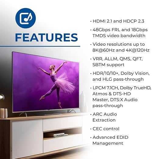 OREI eARC 8K Audio Extractor, Extract Dolby Atmos Convert Sound bar 4K @ 120hz 18G HDMI 2.0 ARC Support HDCP 2.2 Perfect for 8K Monitors, HDR, Dolby Vision, HDR10 Support Sonos Bose (BK-929)