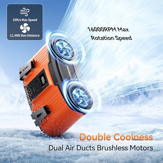 Doublepow 24000mAh Portable Waist Fan, Personal Fan, Dual Air Ducts Motors, Rechargeable Clip On Belt for Working, 10 Speeds 45H Wearable Neck Cooling, for Outdoor Work Travel, Power Outage (Orange)