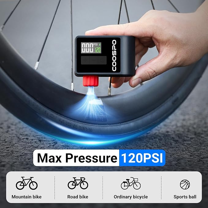 CooSpo Mini Electric Bike Pump, Portable Tire Inflator Portable Air Compressor, Max 120 PSI, Auto Shut-Off Air Pump with Presta/Schrader Valves for All Bicycles, Ball, Car Accessories