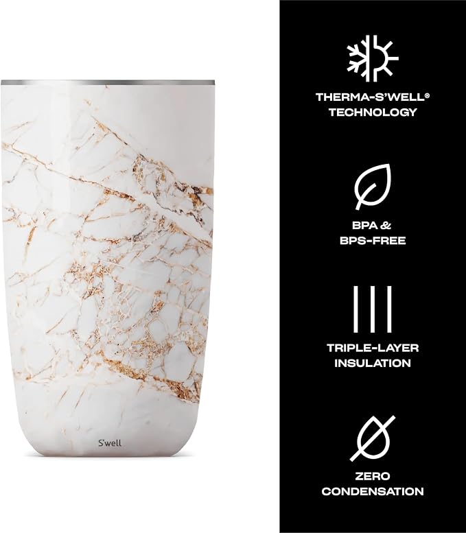 S'well Stainless Steel Wine Chiller, Holds 750ml Bottle, Calacatta Gold, Triple Layered Vacuum Insulated Container Keeps Bottles Chilled for Longer, BPA Free Barware