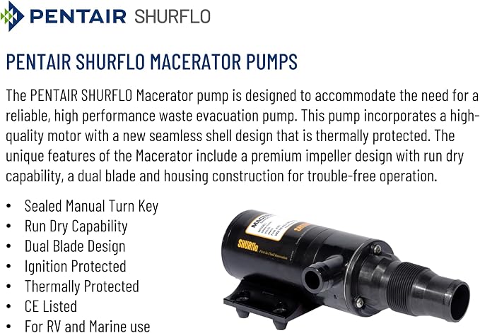 PENTAIR SHURFLO 3200-001 Macerator Pump, 12V RV Marine Waste Pump, 13 GPM High Flow, Dual Blade Grinder, Self Priming Black Water Tank Pump, Run Dry Capability, Ignition & Thermal Protected