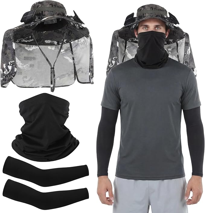 3 Pcs Solar Fan Hat with Arm Sleeves Neck Gaiter Wide Brim Sun Hat Solar Powered USB Charging for Men Women