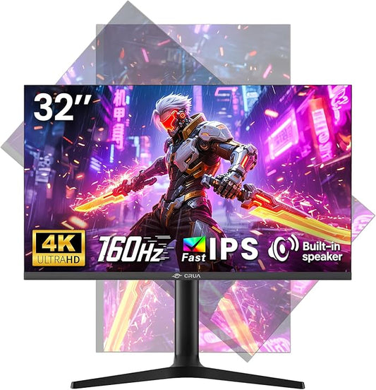CRUA 32'' 4K Gaming Monitor 160Hz, UHD 3840x2160 IPS Screen, Height/Pivot/Swivel/Tilt Adjustable Vertical Monitor, Support FreeSync, Built-in Speakers, 120% sRGB, PIP/PBP, HDMI 2.0 & DP 1.4-Black