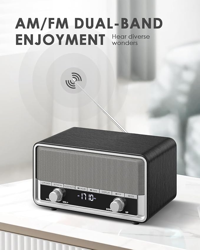 Vintage Wood AM FM Radio with Bluetooth, Retro Bluetooth Speaker Radio with LCD Display | 40 Presets | Sleep Timer | No Alarm for Office,Home, Kitchen (Space Black)