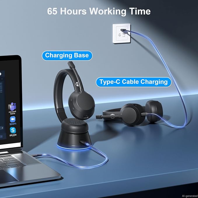 Wireless Headset, Bluetooth Headphones with Mic(AI Noise Cancelling), 65 Hrs Working Time with USB Dongle, Wireless Headset with Mic for Work from Home/Computer/Laptop/PC/Android