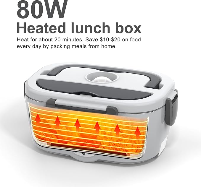 Electric Heated Lunch Box for Adults 80W Portable Food Warmer with 12V/24V/110V/220V for Work Travel Jobsite Camping Christmas Loncheras Para Hombres De Trabajo Gifts Fathers Day for Dad Husband Men