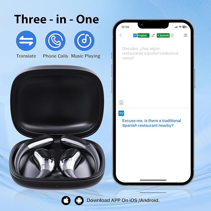 AI Language Translator Earbuds, Translation Earbuds Real Time, 3-in-1 Earbud Translator 144 Languages & Accents, Translation Headphones Fit iOS & Android for Travel Business Learning (A38 Black)