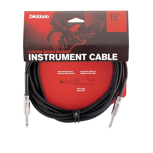 D'Addario Guitar Cable - Guitar Lead - Instrument Cable - Guitar Accessories - Custom Series Braided Cable - 15 Feet/4.57 Meters - Black - 1 Pack