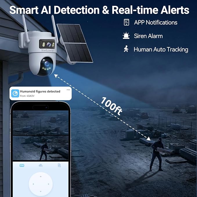 2K Dual Lens 4G LTE Solar Outdoor Security Camera, No WiFi Needed | 24/7 continuous recording,10W solar panel,13500mAh battery,human auto tracking,Ideal for farm&construction site,cabin,barn
